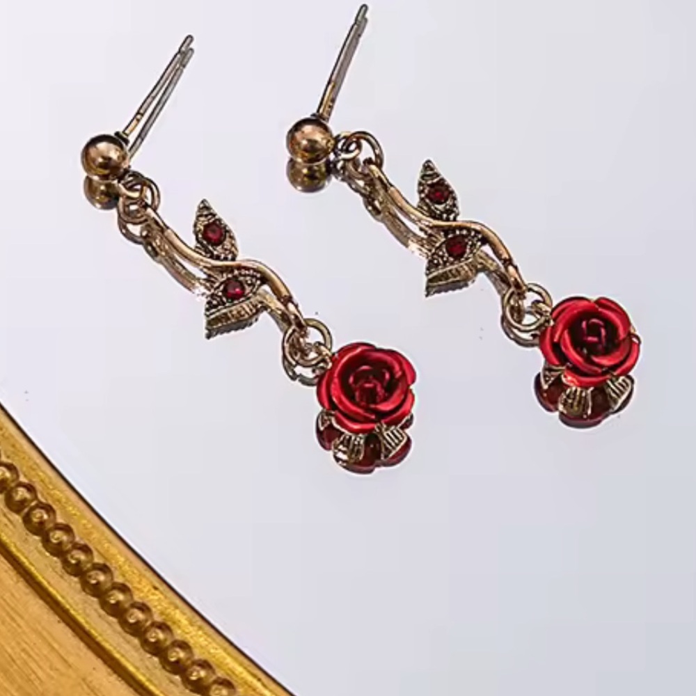 Fashion Jewelry Gold and Red Floral Earrings
